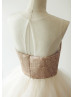 Sheer Neck Champagne Sequin Ruffled Tulle Long Prom Dress